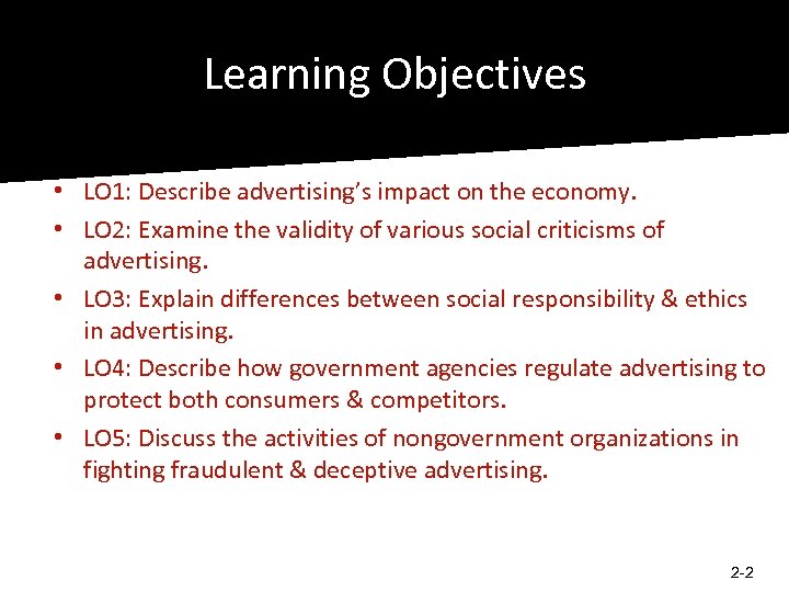 Learning Objectives • LO 1: Describe advertising’s impact on the economy. • LO 2: