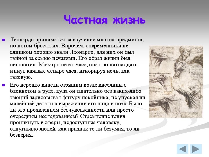 Частная жизнь n n Леонардо принимался за изучение многих предметов, но потом бросал их.