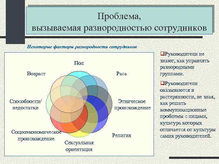 Проблема, вызываемая разнородностью сотрудников Некоторые факторы разнородности сотрудников Пол Возраст Раса Способности/ недостатки Социоэкономическое