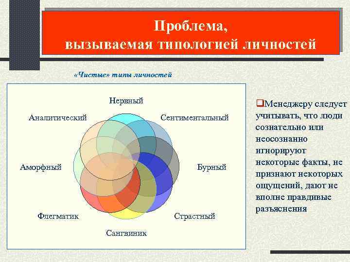 Проблема, вызываемая типологией личностей «Чистые» типы личностей Нервный Аналитический Сентиментальный Аморфный Бурный Флегматик Страстный