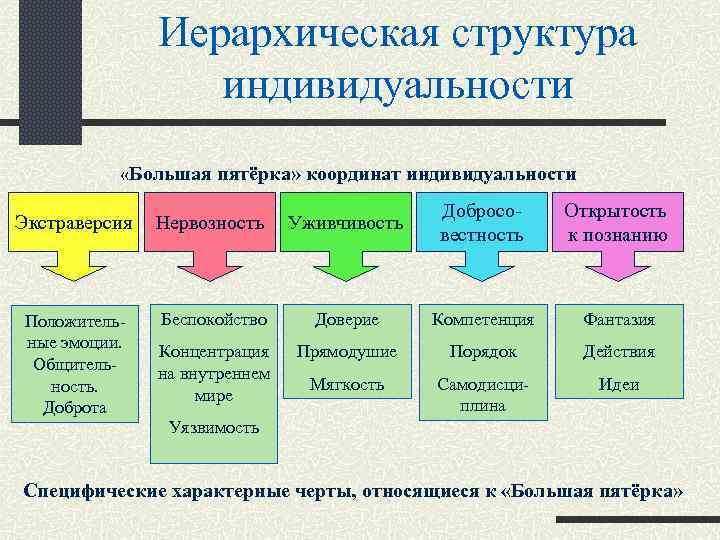 Иерархическая структура индивидуальности «Большая пятёрка» координат индивидуальности Экстраверсия Нервозность Уживчивость Добросовестность Открытость к познанию