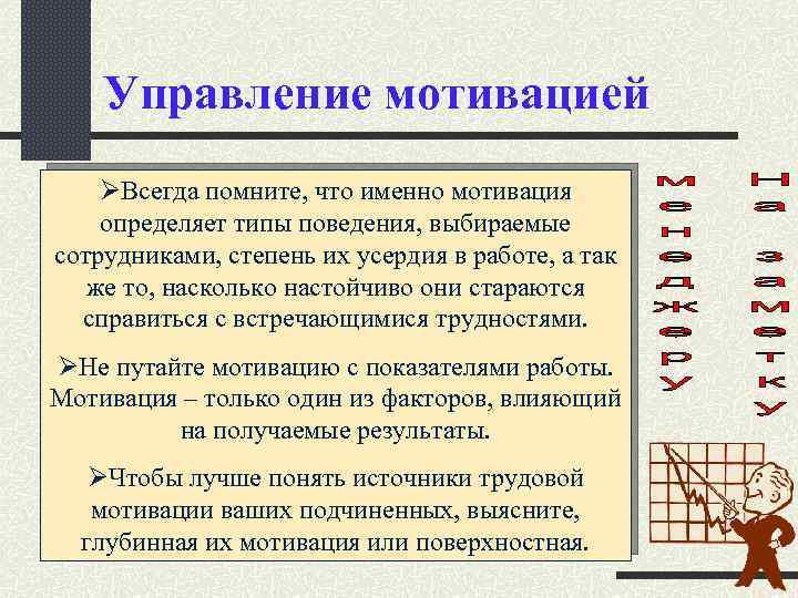 Управление мотивацией ØВсегда помните, что именно мотивация определяет типы поведения, выбираемые сотрудниками, степень их