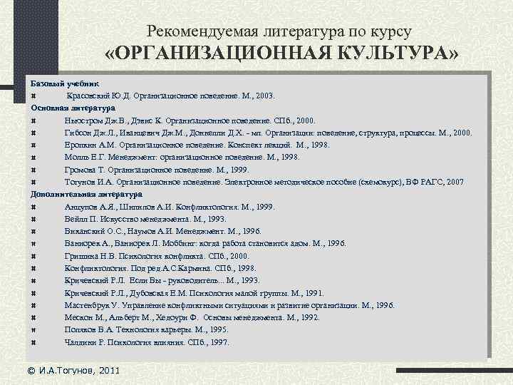 Рекомендуемая литература по курсу «ОРГАНИЗАЦИОННАЯ КУЛЬТУРА» Базовый учебник Красовский Ю. Д. Организационное поведение. М.