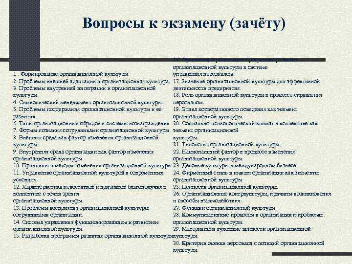 Вопросы к экзамену (зачёту) 16. Организация реализации программы развития организационной культуры в системе 1.