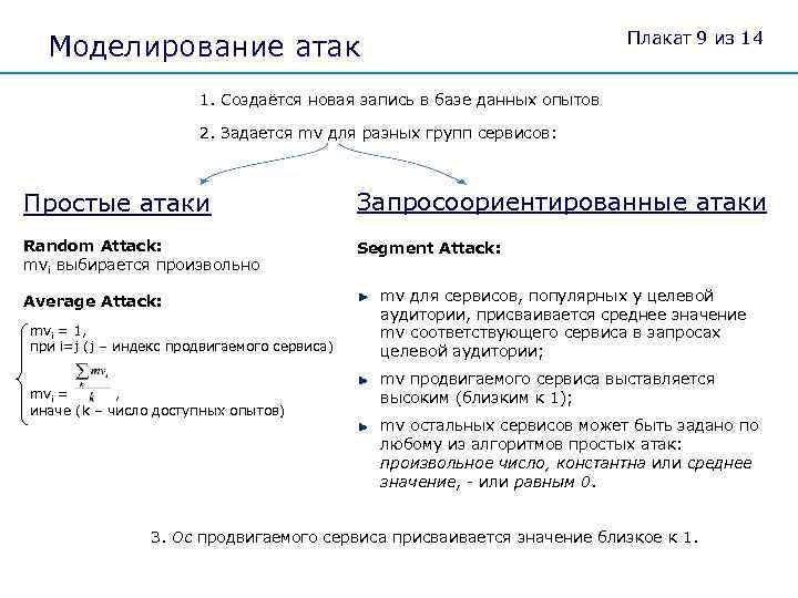 Плакат 9 из 14 Моделирование атак 1. Создаётся новая запись в базе данных опытов