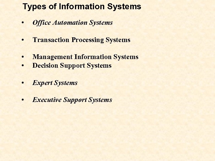 Types of Information Systems • Office Automation Systems • Transaction Processing Systems • •