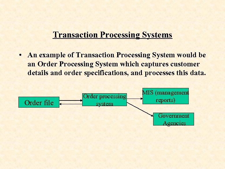 Transaction Processing Systems • An example of Transaction Processing System would be an Order
