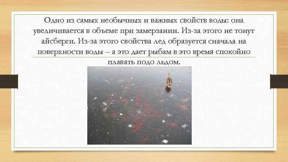 Одно из самых необычных и важных свойств воды: она увеличивается в объеме при замерзании.