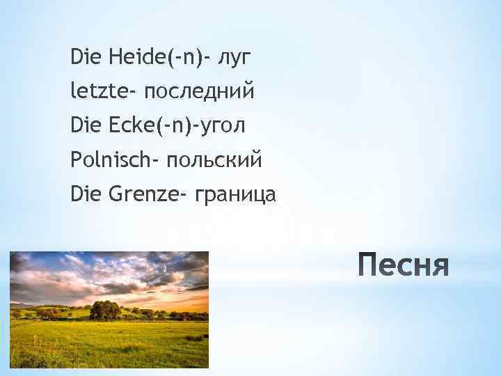 Die Heide(-n)- луг letzte- последний Die Ecke(-n)-угол Polnisch- польский Die Grenze- граница 