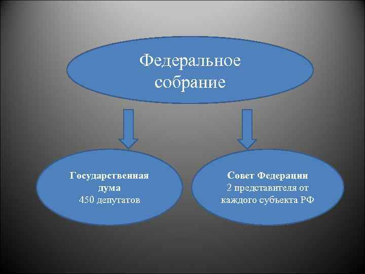 Федеральное собрание Государственная дума 450 депутатов Совет Федерации 2 представителя от каждого субъекта РФ