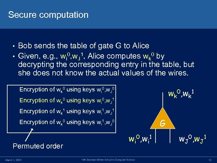 Secure computation Bob sends the table of gate G to Alice • Given, e.