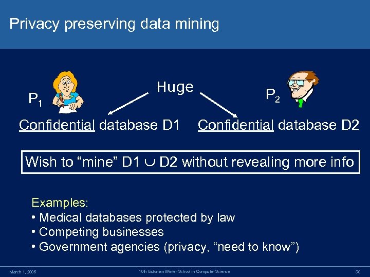 Privacy preserving data mining P 1 Huge Confidential database D 1 P 2 Confidential