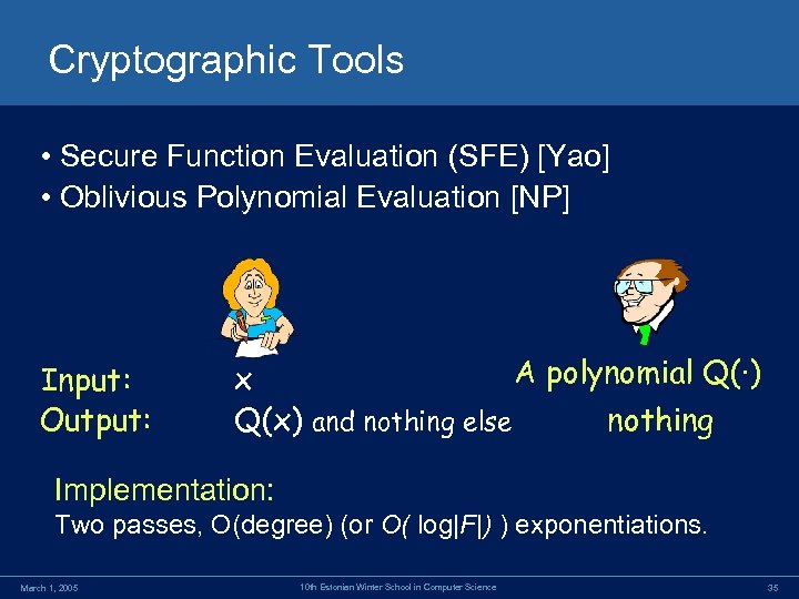 Cryptographic Tools • Secure Function Evaluation (SFE) [Yao] • Oblivious Polynomial Evaluation [NP] Input: