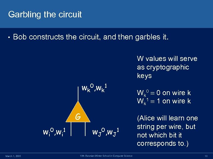 Garbling the circuit • Bob constructs the circuit, and then garbles it. W values