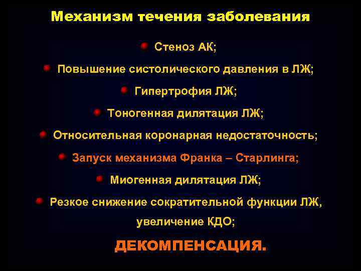 Механизм течения заболевания Стеноз АК; Повышение систолического давления в ЛЖ; Гипертрофия ЛЖ; Тоногенная дилятация