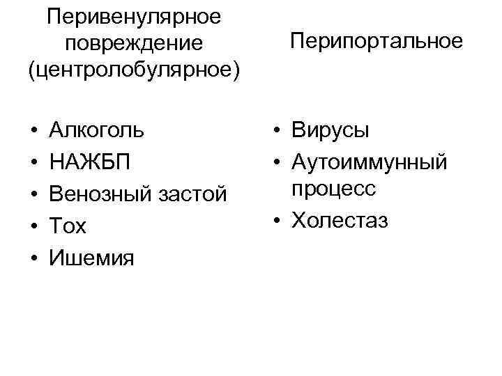 Перивенулярное повреждение (центролобулярное) • • • Алкоголь НАЖБП Венозный застой Тох Ишемия Перипортальное •