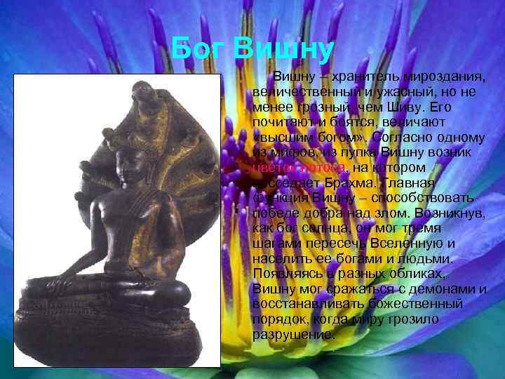 Бог Вишну – хранитель мироздания, величественный и ужасный, но не менее грозный, чем Шиву.