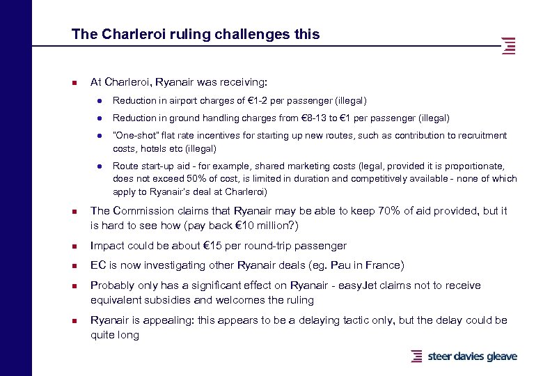 The Charleroi ruling challenges this n At Charleroi, Ryanair was receiving: l l Reduction