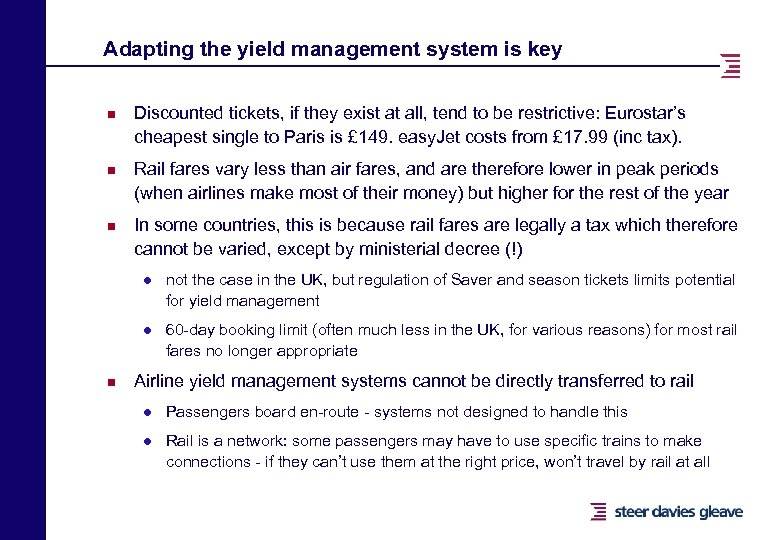 Adapting the yield management system is key n n n Discounted tickets, if they