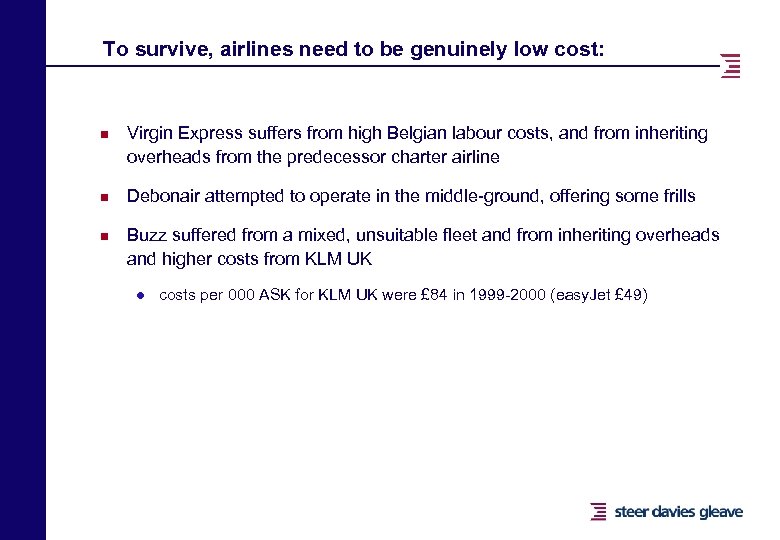 To survive, airlines need to be genuinely low cost: n n n Virgin Express