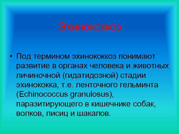 Эхинококкоз • Под термином эхинококкоз понимают развитие в органах человека и животных личиночной (гидатидозной)