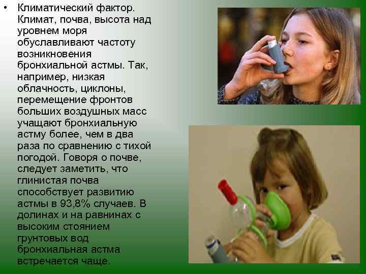  • Климатический фактор. Климат, почва, высота над уровнем моря обуславливают частоту возникновения бронхиальной