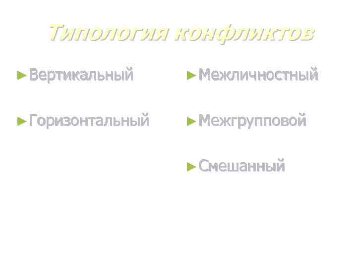 Типология конфликтов ► Вертикальный ► Межличностный ► Горизонтальный ► Межгрупповой ► Смешанный 