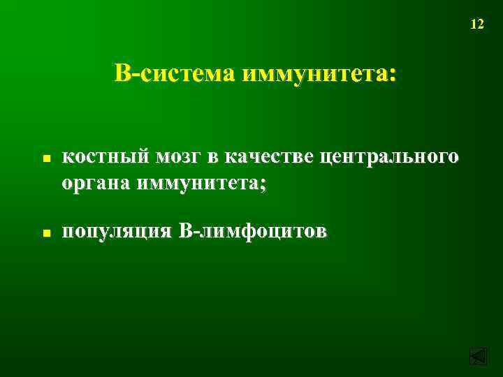 12 В-система иммунитета: n n костный мозг в качестве центрального органа иммунитета; популяция В-лимфоцитов