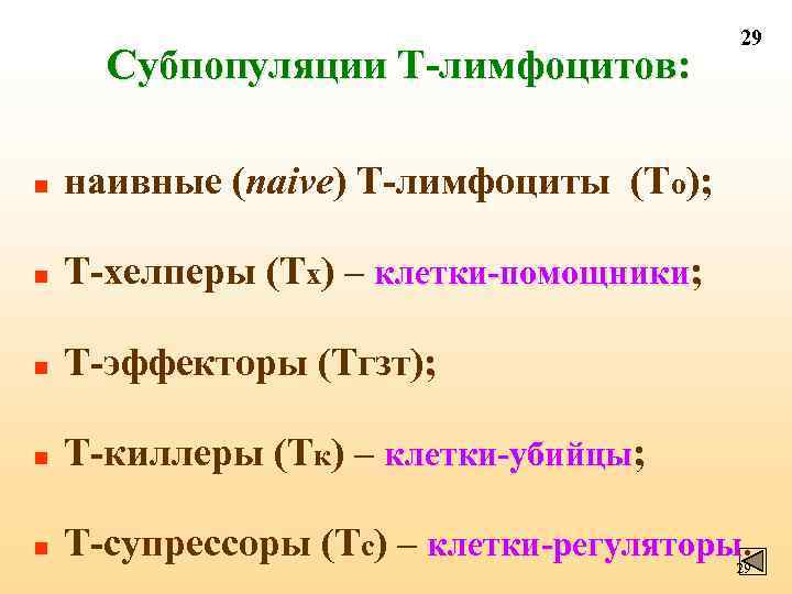 Субпопуляции Т-лимфоцитов: 29 n наивные (naive) Т-лимфоциты (То); n Т-хелперы (Тх) – клетки-помощники; n