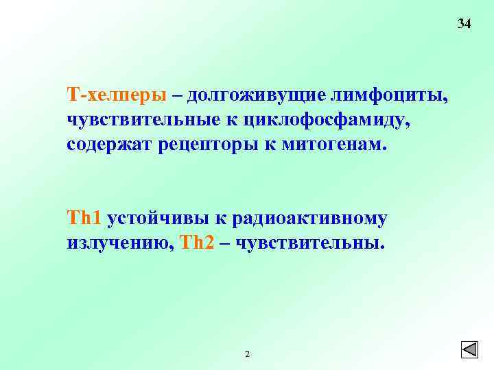 34 Т-хелперы – долгоживущие лимфоциты, чувствительные к циклофосфамиду, содержат рецепторы к митогенам. Тh 1