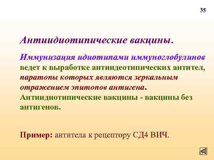 35 Антиидиотипические вакцины. Иммунизация идиотипами иммуноглобулинов ведет к выработке антиидеотипических антител, паратопы которых являются