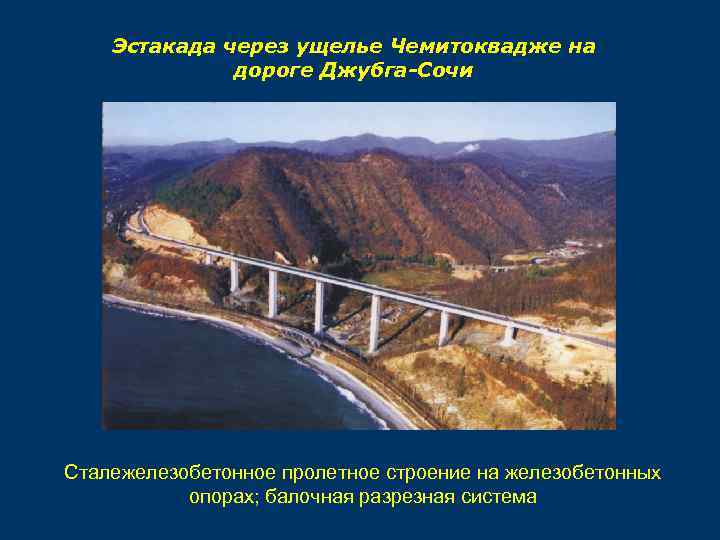 Эстакада через ущелье Чемитоквадже на дороге Джубга-Сочи Сталежелезобетонное пролетное строение на железобетонных опорах; балочная