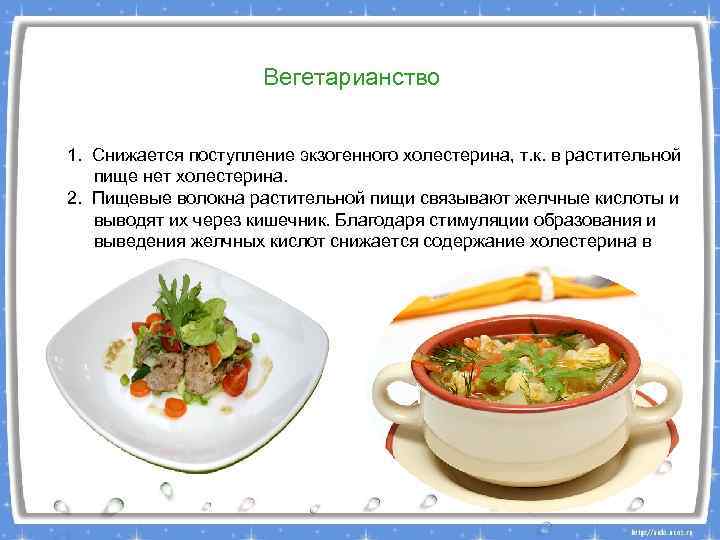 Вегетарианство 1. Снижается поступление экзогенного холестерина, т. к. в растительной пище нет холестерина. 2.
