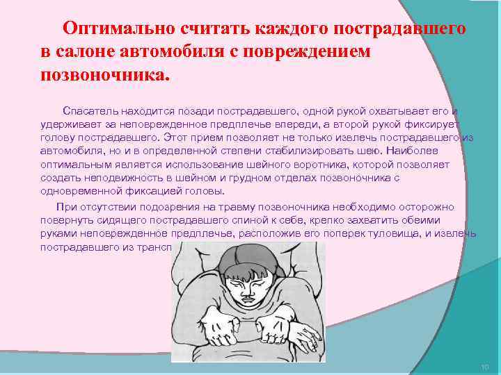 Оптимально считать каждого пострадавшего в салоне автомобиля с повреждением позвоночника. Спасатель находится позади пострадавшего,