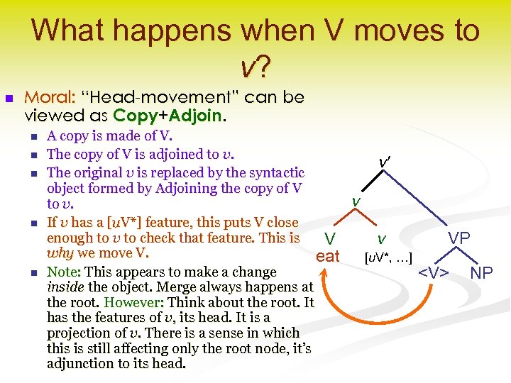 What happens when V moves to v? n Moral: “Head-movement” can be viewed as