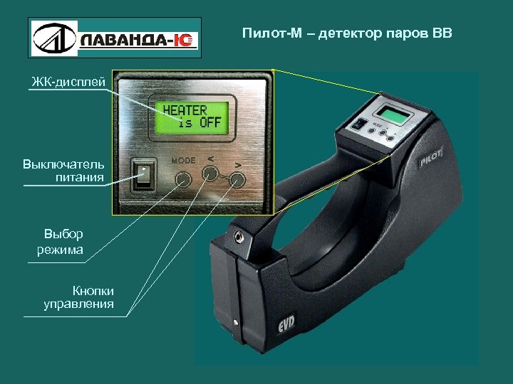 Пилот-М – детектор паров ВВ ЖК-дисплей Выключатель питания Выбор режима Кнопки управления 