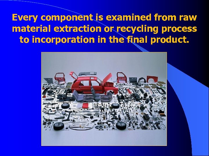Every component is examined from raw material extraction or recycling process to incorporation in