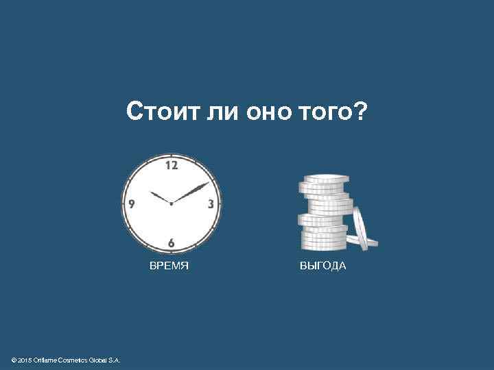 Стоит ли оно того? ВРЕМЯ © 2015 Oriflame Cosmetics Global S. A. ВЫГОДА 