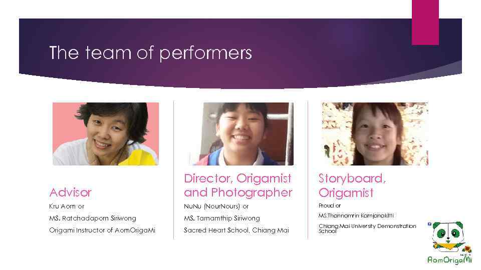 The team of performers Advisor Director, Origamist and Photographer Storyboard, Origamist Kru Aom or