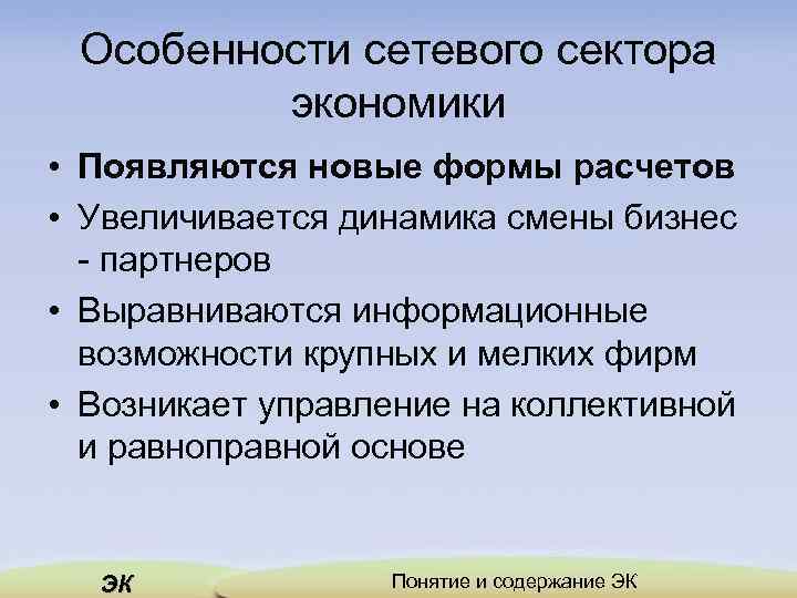 Особенности сетевого сектора экономики • Появляются новые формы расчетов • Увеличивается динамика смены бизнес