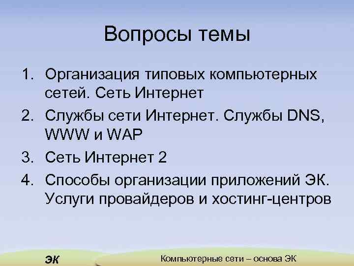 Вопросы темы 1. Организация типовых компьютерных сетей. Сеть Интернет 2. Службы сети Интернет. Службы