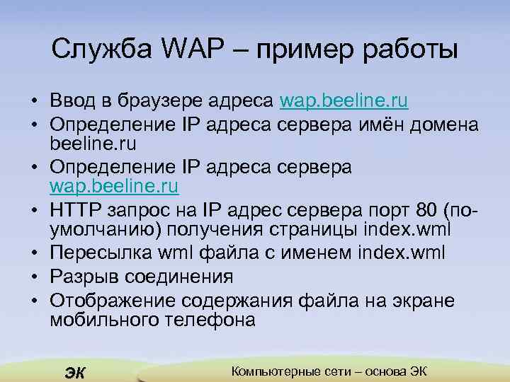 Служба WAP – пример работы • Ввод в браузере адреса wap. beeline. ru •