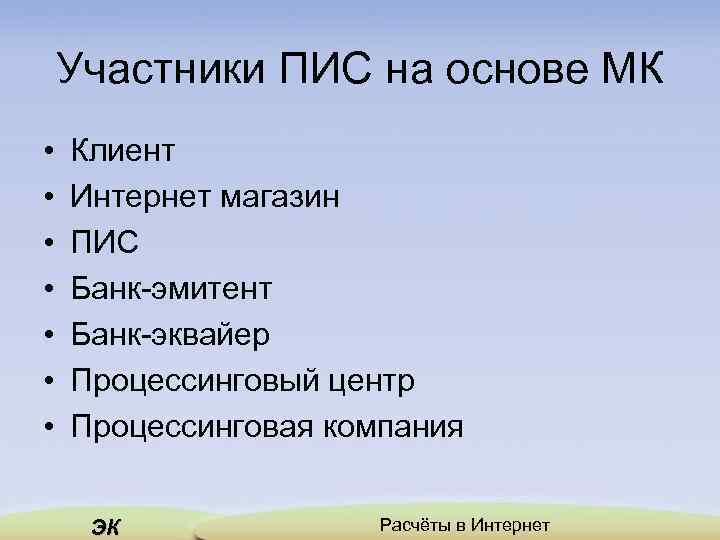 Участники ПИС на основе МК • • Клиент Интернет магазин ПИС Банк-эмитент Банк-эквайер Процессинговый