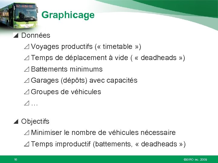 Graphicage Données Voyages productifs ( « timetable » ) Temps de déplacement à vide