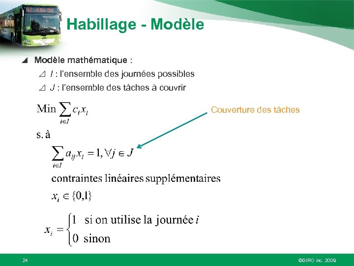 Habillage - Modèle mathématique : I : l’ensemble des journées possibles J : l’ensemble