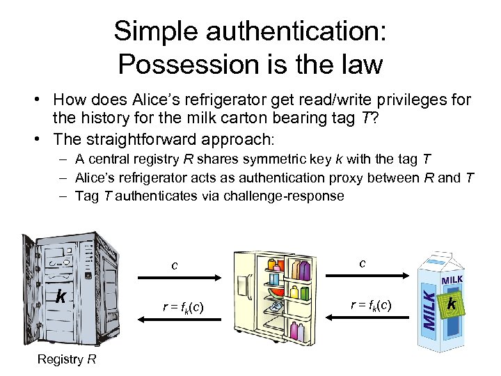 Simple authentication: Possession is the law • How does Alice’s refrigerator get read/write privileges