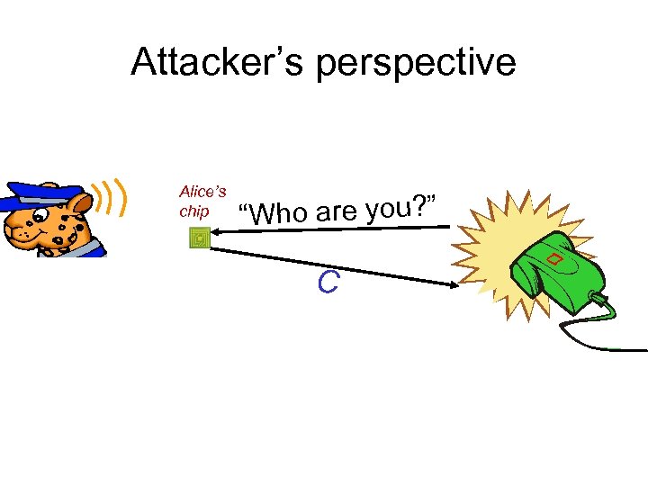 Attacker’s perspective Alice’s chip “Who are you? ” C 
