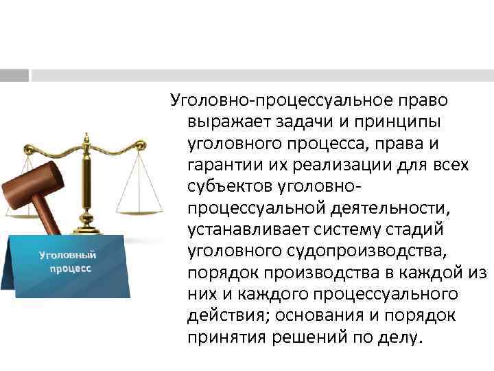 Уголовно процессуальное право выражает задачи и принципы уголовного процесса, права и гарантии их реализации