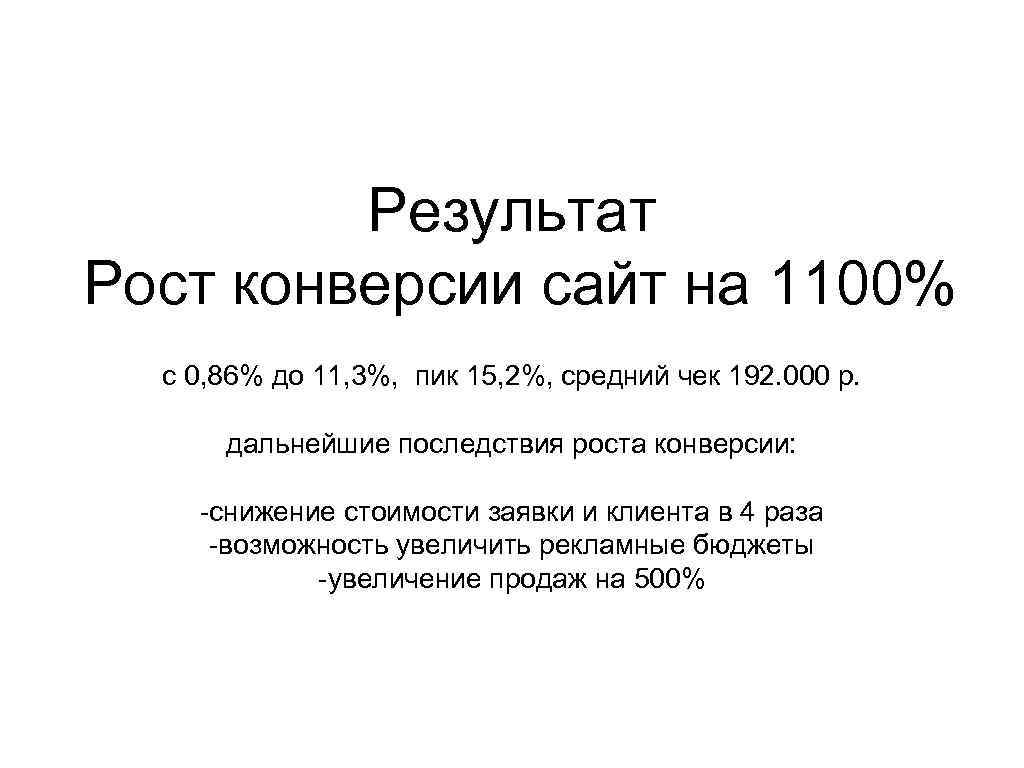 Результат Рост конверсии сайт на 1100% с 0, 86% до 11, 3%, пик 15,