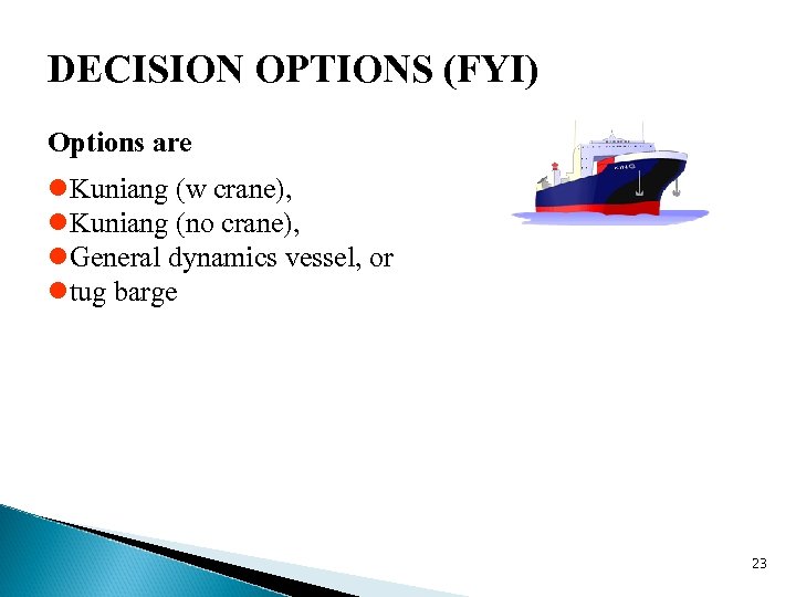 DECISION OPTIONS (FYI) Options are l. Kuniang (w crane), l. Kuniang (no crane), l.